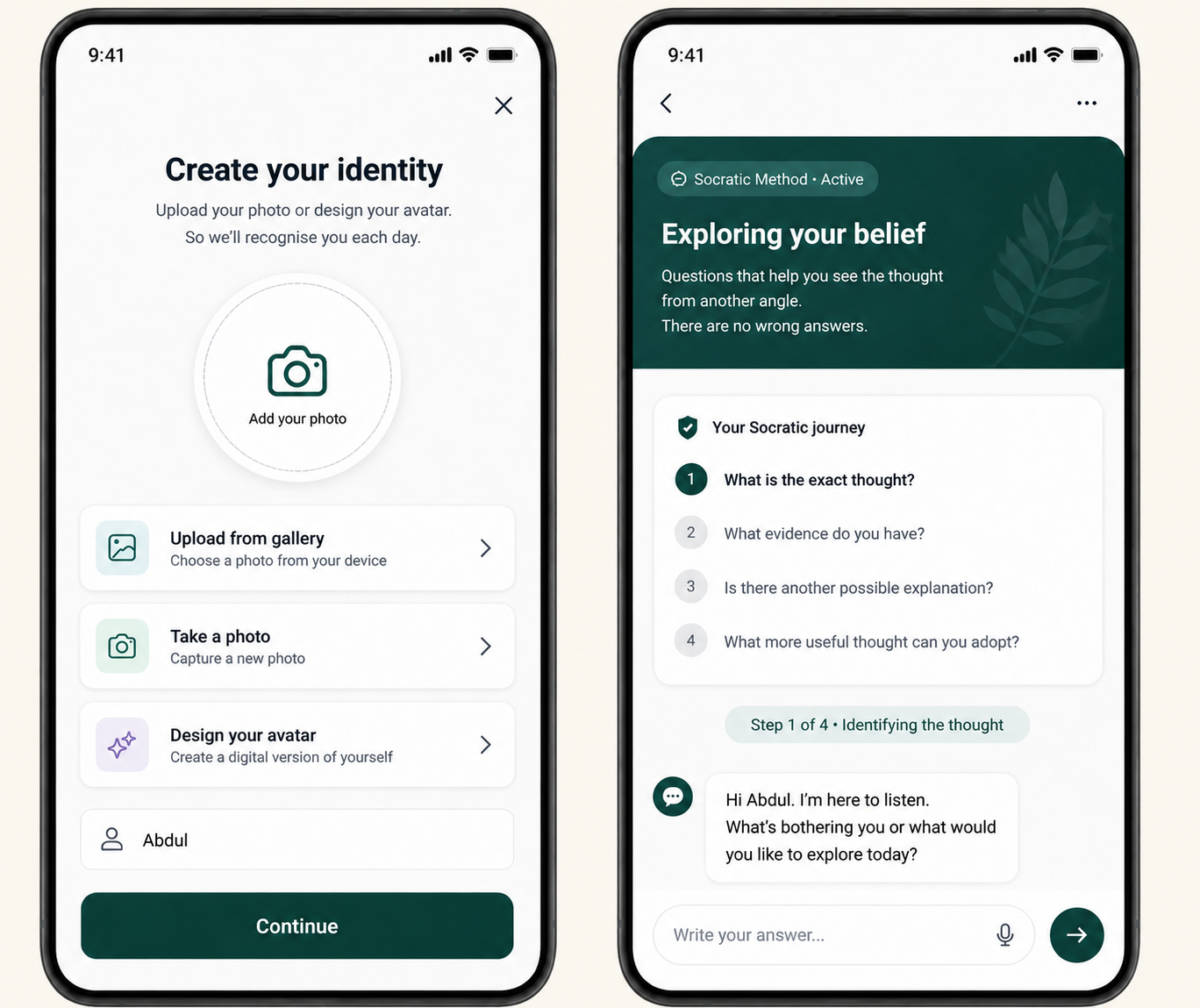 JULIA identity setup and Socratic reflection app screens